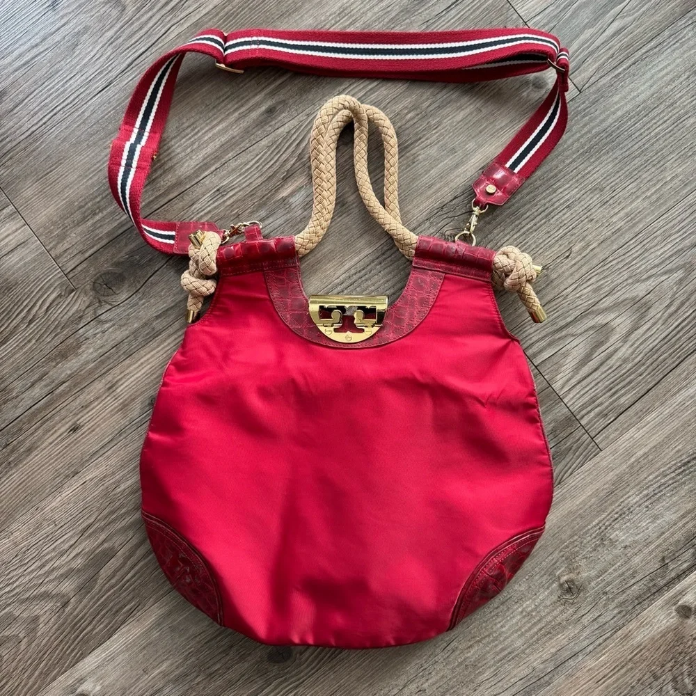 Tory Burch Red Nylon Croc Embossed Rope Handle Shoulder Hobo Bag